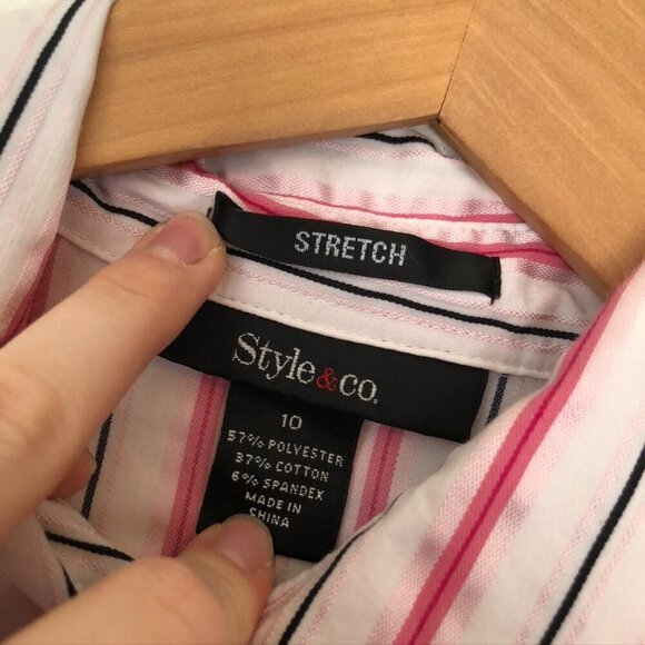 STYLE & CO White Pink Black Striped 3/4 Sleeve Work Preppy Button Down Shirt 10 - Picture 2 of 5